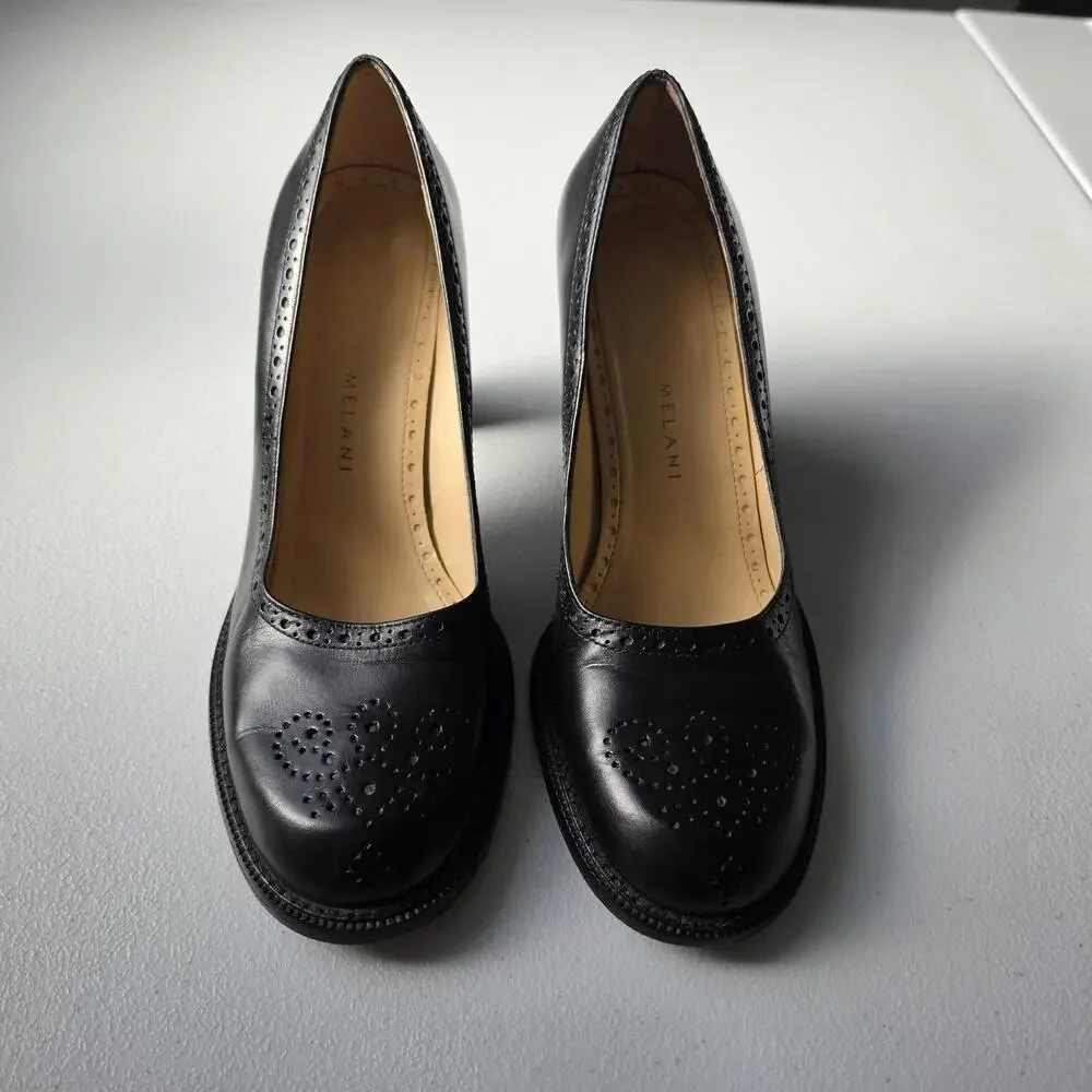 Y2K Antonio Melani Shoes Womens 7.5M Black Leather Block Heel Round Toe Pumps